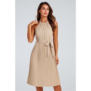 Halter Tie Back Belted Pleated Dress